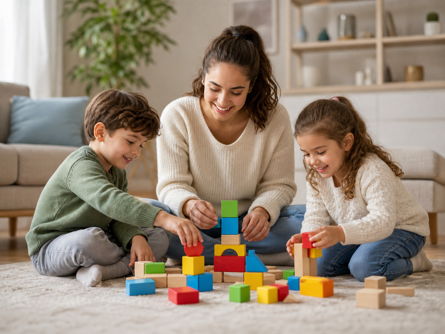 Babysitter playing with two children