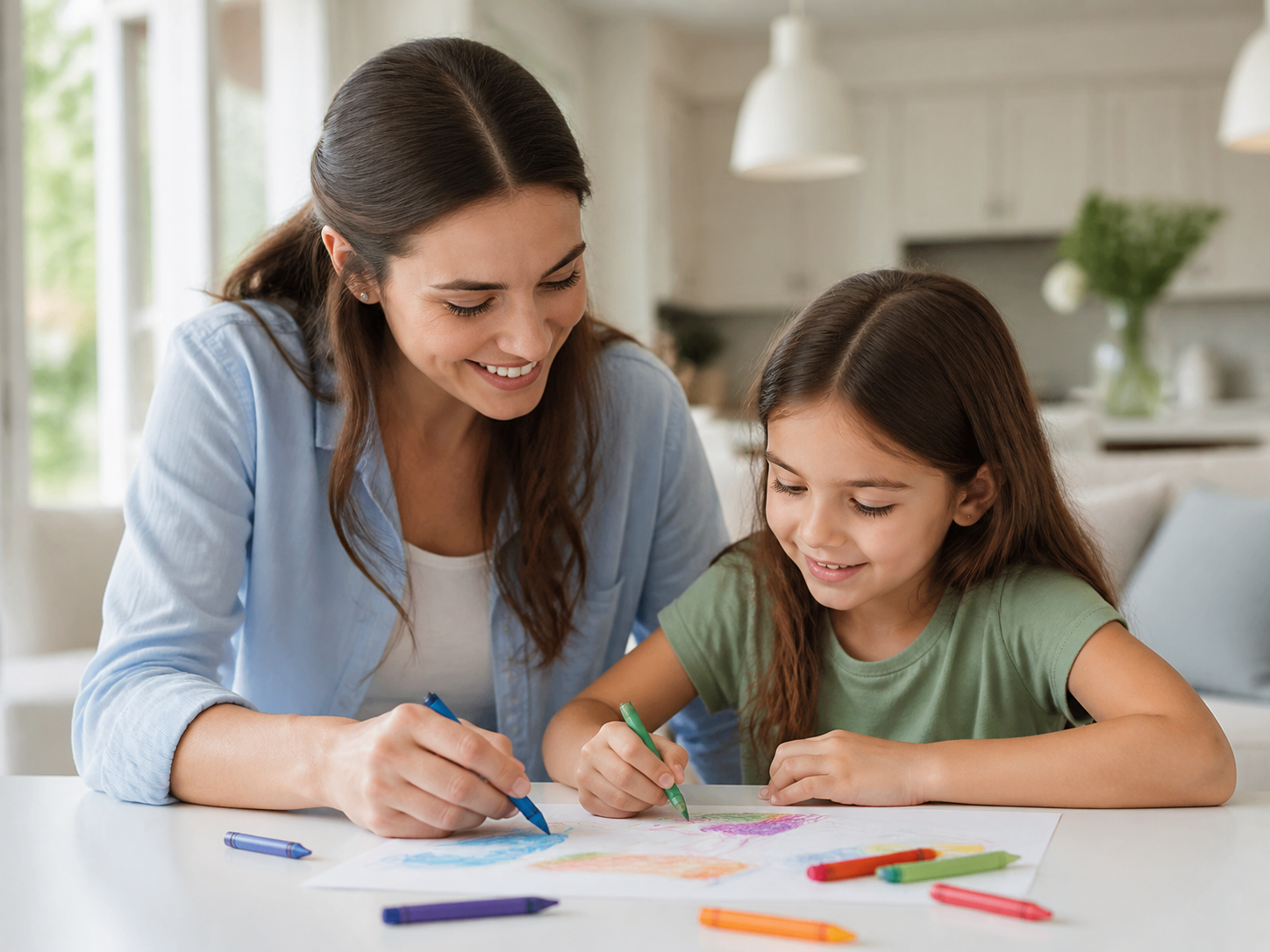 Nanny helping two children with a drawing